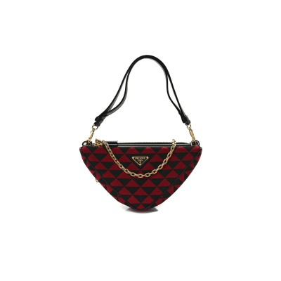 PRADA JACQUARD CALFSKIN TRIANGOLO SYMBOLE EMBROIDERED MINI TRIANGLE DOUBLE BAG 1BC543 (27*14*6.5cm)  PRADA JACQUARD CALFSKIN TRIANGOLO SYMBOLE EMBROIDERED MINI TRIANGLE DOUBLE BAG 1BC543 (27*14*6.5cm)